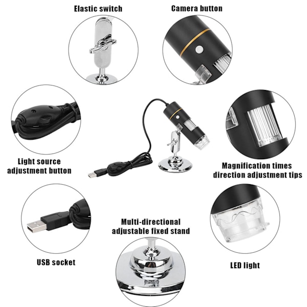 300.000 pixels digitalt mikroskop USB HD 1000X PCB forstørrelsesglas med 8 LED-lys og mikroskopstativ