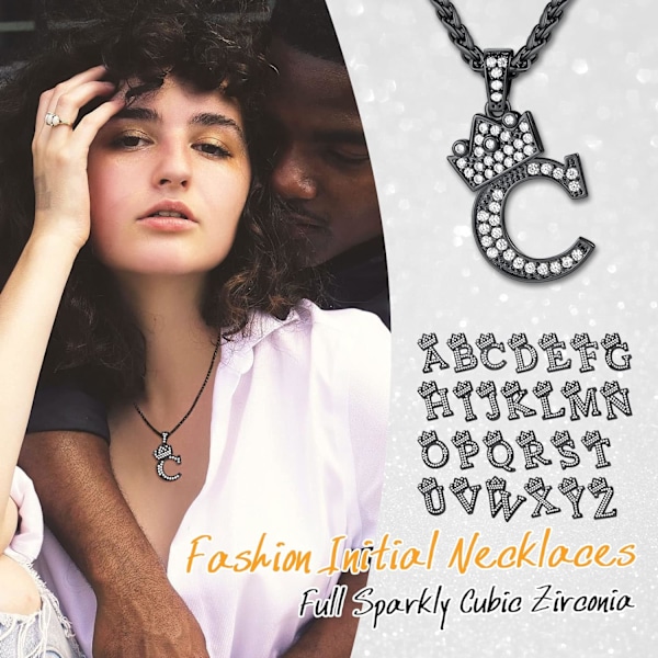 Krone Initial A-Z Halskjede, Iced Out Bokstavanheng med 22-24 Tommers Kjede, Menn Kvinner Bling Hip Hop Alfabet Navn Smykker Gave Store Initialer Halskjeder C Black