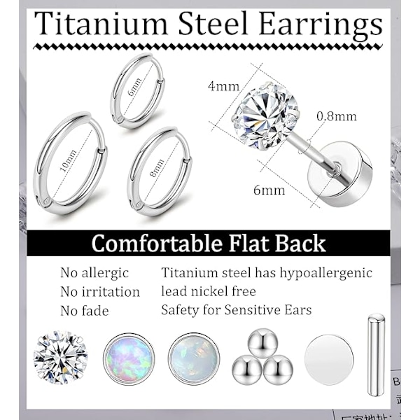 Kirurgiskt stål örhängen för kvinnor män 20 Gauge Hoop Stud Örhängen Set för flera piercingar CZ Boll Nap Örhängen Platt Baksida Hypoallergen Silvery