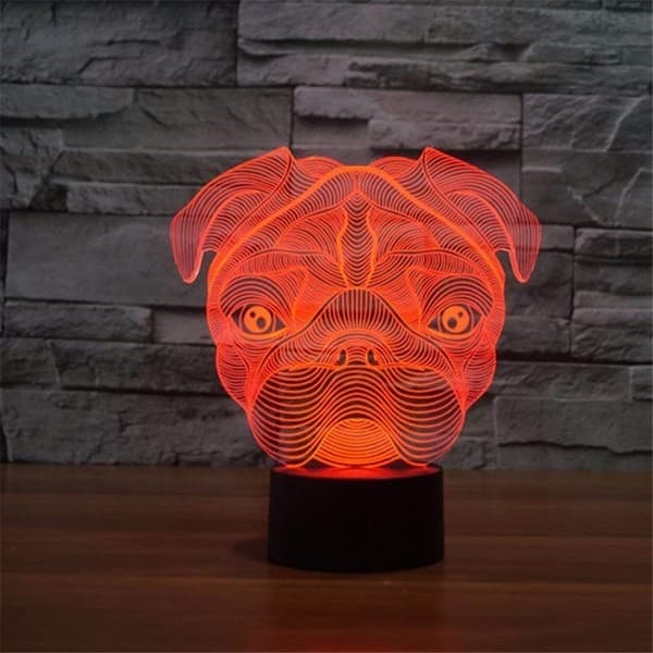 Mops Hund 3D Optisk Illusjon Akryl Nattlys Berøringsbryter