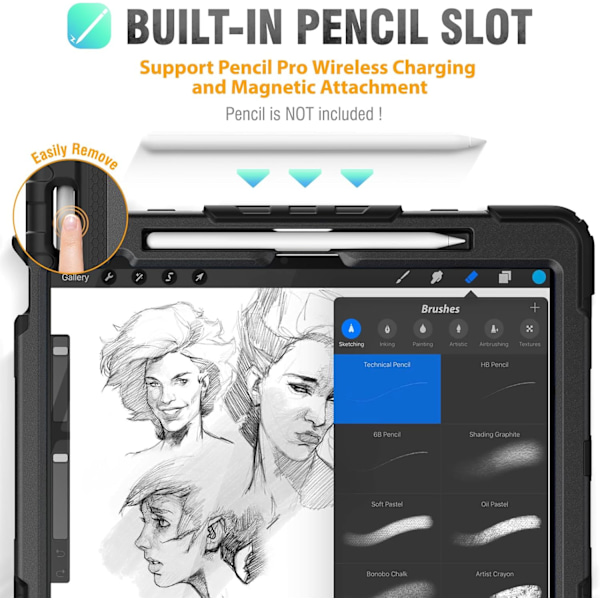 Skal för iPad Air 11 tum (M2 2024), Stötsäker Design med Pennhållare/Skärmskydd/Roterande Handrem, Skyddande Fodral för Black New iPad Pro 11 2024