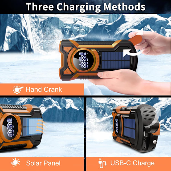 Nødvejrradio, Vandafvisende Bluetooth Bærbar AM/FM/NOAA Vejrradio, 5000mAh USB Håndsving Solradio, Telefonoplader, Lommelygte, SOS Orange