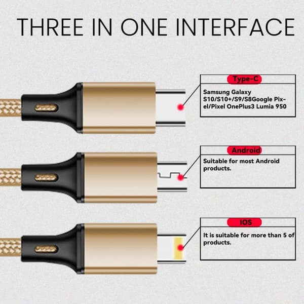 Universal 3-i-1 nylonflettet USB-ladekabel, 1,2 m