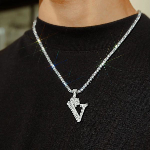 Krone Initial A-Z Halskæde, Iced Out Bogstav Vedhæng med 22-24 Tommer Kæde, Mænd Kvinder Bling Hip Hop Alfabet Navn Smykker Gave Store Initialer Halskæder V Silver