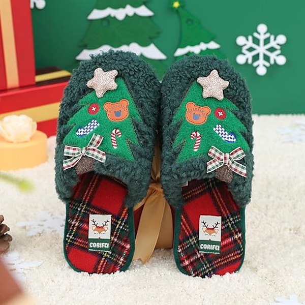 Jultomtestofflor för kvinnor med bågstöd Minnesskum Hushållsskor för damer med gummisula Vinter inomhus tofflor Julgran broderad Green 39/40