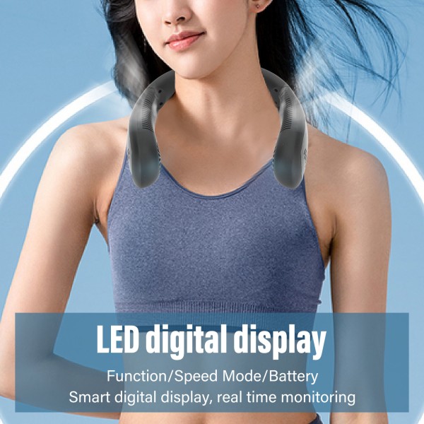 Halsfläkt Svart 3 hastighetslägen USB -laddning Handsfree LED-skärm 5000mAh Lågbrussäker ansiktsfläkt för familjekontorsresor