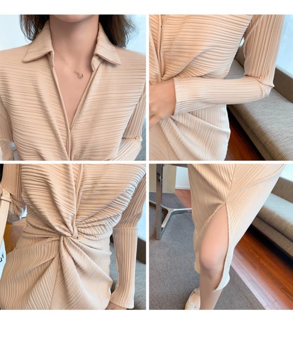V-hals Rynket Slids Twist Front Midi Kjoler Sort (Abrikos L)
