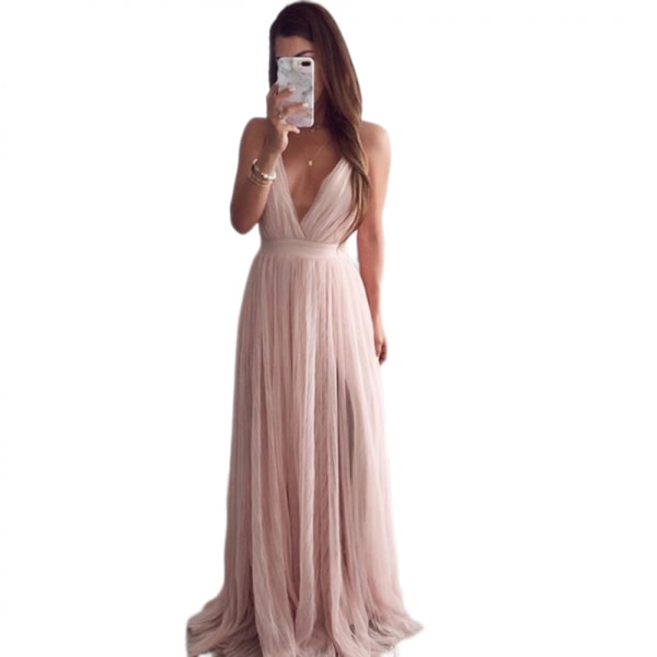 Elegantti avoin selkä mesh virtaava slim vyötärö sling mekko (Pinkki M)