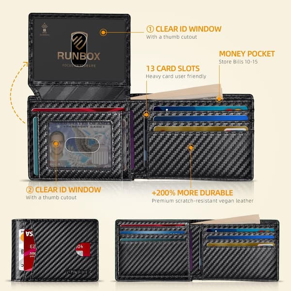 Plånböcker för män 15 kortfodral Slim Rfid Läder 2 ID-fönster med presentförpackning Herrtillbehör Carbon Black-15 slots