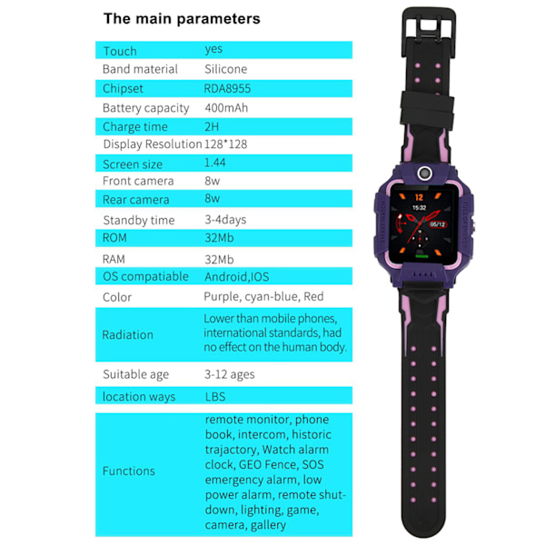 Q19 Barn Smart Klocka Vattentät Plug In Kort Kamera Positionering Armband Violet