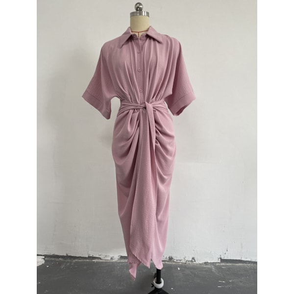 Ditsy Tie Front Button Up Boho Midi Tshirt Dresses (Rosa L)