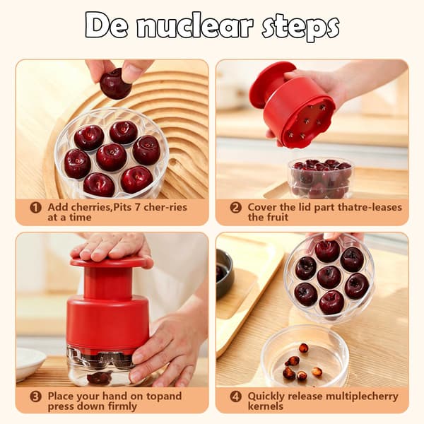 7-i-1 trykknappfjerner med sprutbeskyttelse, for kirsebær, oliven, frukt. Red