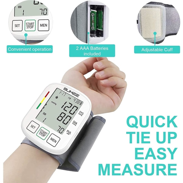 Håndledsblodtryksmonitor, nøjagtig automatisk digital blodtryksmåler, med uregelmæssig hjerterytmedetektor, 198 aflæsninger hukommelsesfunktion og stort LCD-display
