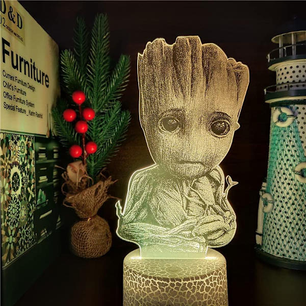 Guardians of The Galaxy Groot lampa 3D Illusion nattlampa, fjärrkontroll bordslampa, USB-laddare belysning heminredning för barn, födelsedagspresent