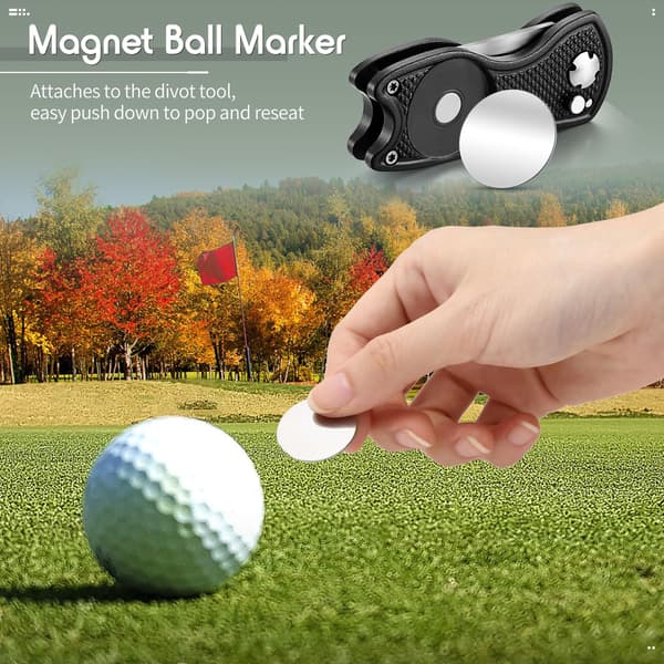 4-delt foldbart divot-reparationsværktøj med magnetisk boldmarkør, rustfrit stål springknivdesign til golftilbehør, gaver og præmier Black