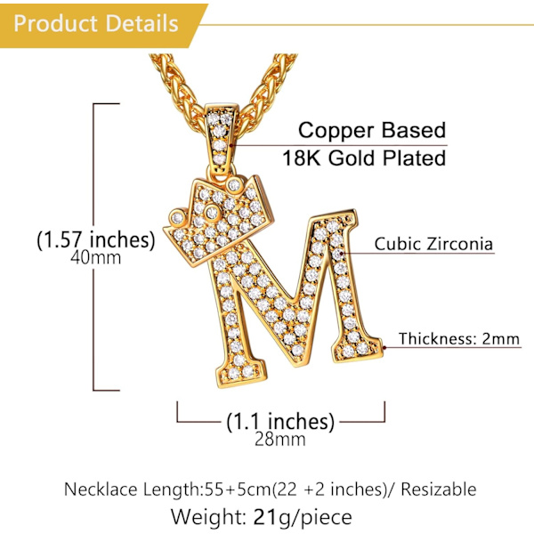 Krone Initial A-Z Halskæde, Iced Out Bogstav Vedhæng med 22-24 Tommer Kæde, Mænd Kvinder Bling Hip Hop Alfabet Navn Smykker Gave Store Initialer Halskæder M 18K Gold