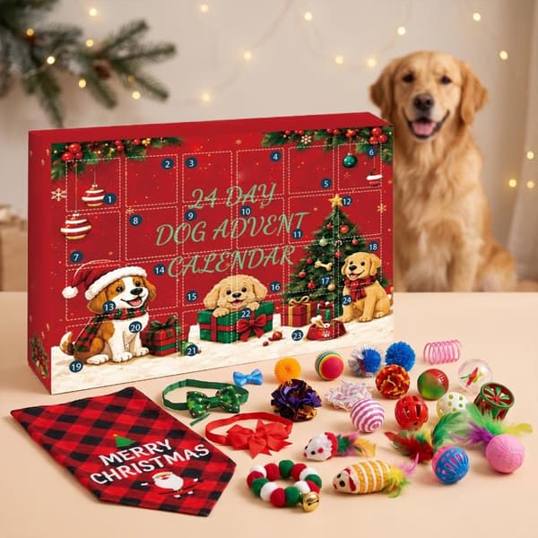 Jule-adventskalender til hund 2026 med pivedyr og interaktivt legetøj