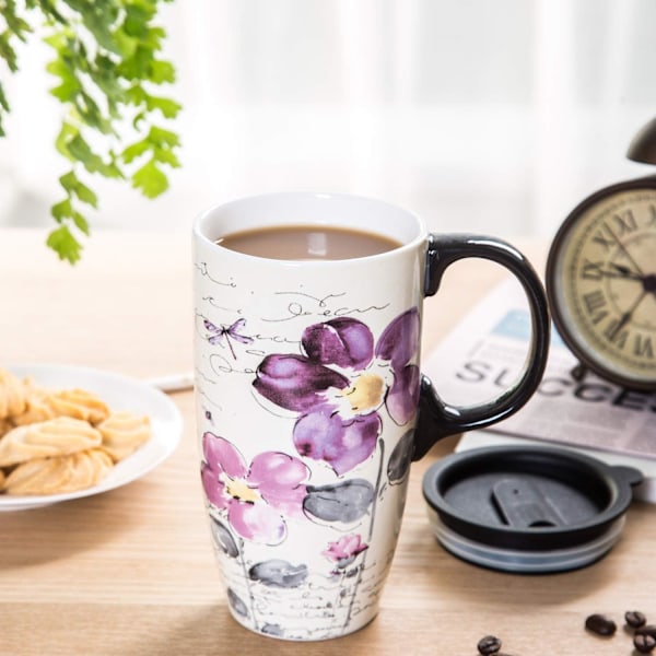 Hög Keramisk Resemugg 500 ml Kaffekoppar Förseglat Lock Med Färgbox purple flower