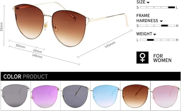 Oversized solbriller for kvinner, speilvendte cat eye-solbriller med rammeløs design U225