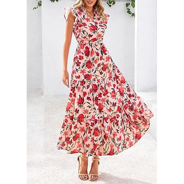 Dame 2025 Sommer Blomstret Midi Kjole Korte Ærmer V-Hals Flæse Lang Flydende Boho Afslappet Strand Ferie Kjoler XL