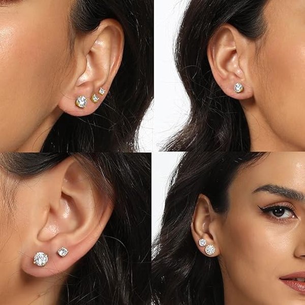 5 Par Örhängen Set 18K Guldpläterade 3-7MM Runda Cubic Zirconia Örhängen Hypoallergena Örhängen för Kvinnor