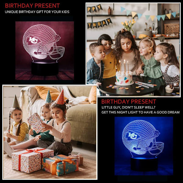 Tegneserie Chiefs Fodboldhjelm Anime Figur 3D Optisk Illusion LED Soveværelses Dekoration Sove Natlys med Fjernbetjening 7 Farver Bordlampe Fødselsdagsgaver fo