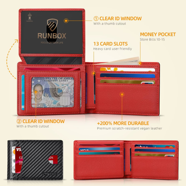 Punainen miesten lompakko, ohut RFID-nahka, 2 ID-ikkunaa lahjapakkauksessa Carbon black,red