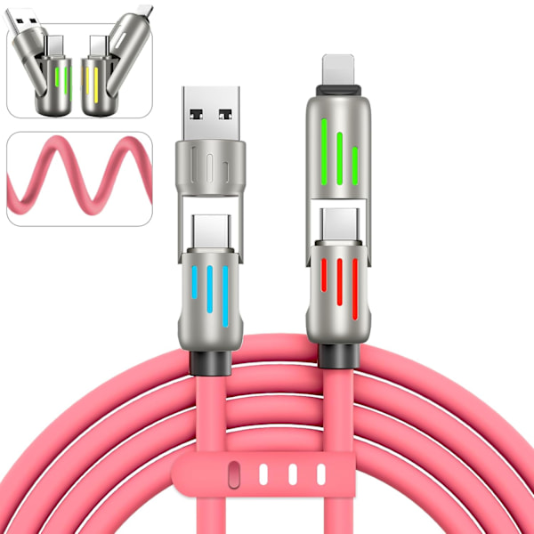 240W 4-in-1 USB-C-kaapeli, monikaapeli hengittävällä valolla, PD 5A nopea lataus ja datansiirto silikonilla yhteensopiva iPhonen, Samsungin ja kannettavan tietokoneen kanssa Pink 1.5m