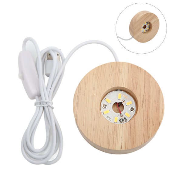 LED-lysbase USB-interface egetræmateriale rund 2cm/0,8in tykkelse glødende dekorativ displaylampe til hjemmet 5V Warm Light Base