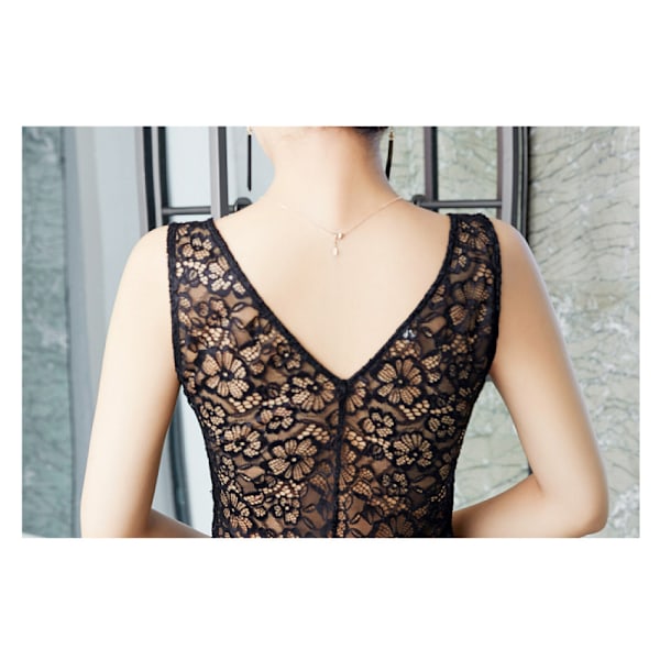 Transparent Hollow Long Deep V-Neck Perspective Dress(Black M)