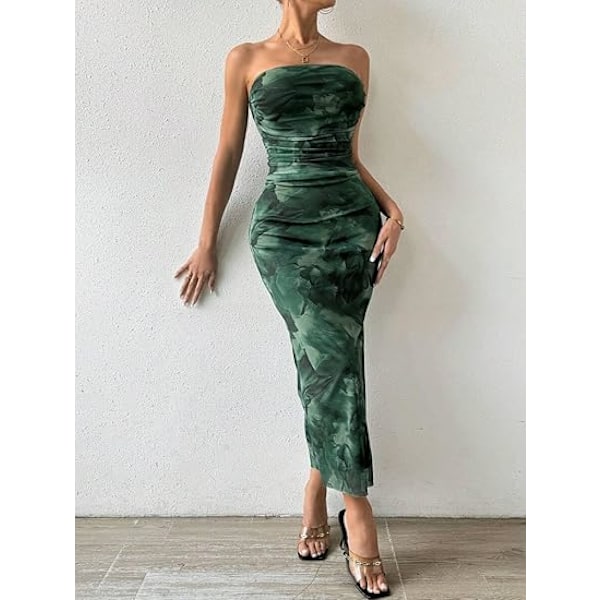 Sommerkjole til kvinder med print, stropløs tube top kjole, bodycon maxikjole med sideslids og lag af mesh M