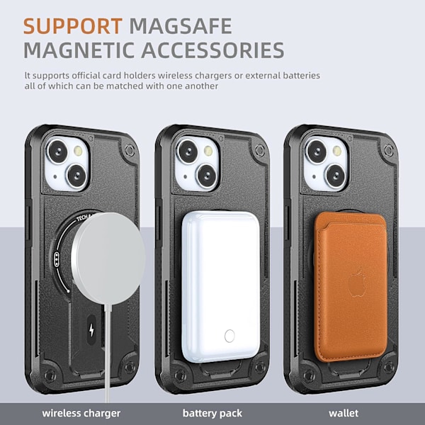 Magnetiskt iPhone-fodral med stativ, kompatibelt med MagSafe, robust inbyggt stativ, militärklassat fallskydd stötsäkert för iPhone Black iPhone 14 Plus