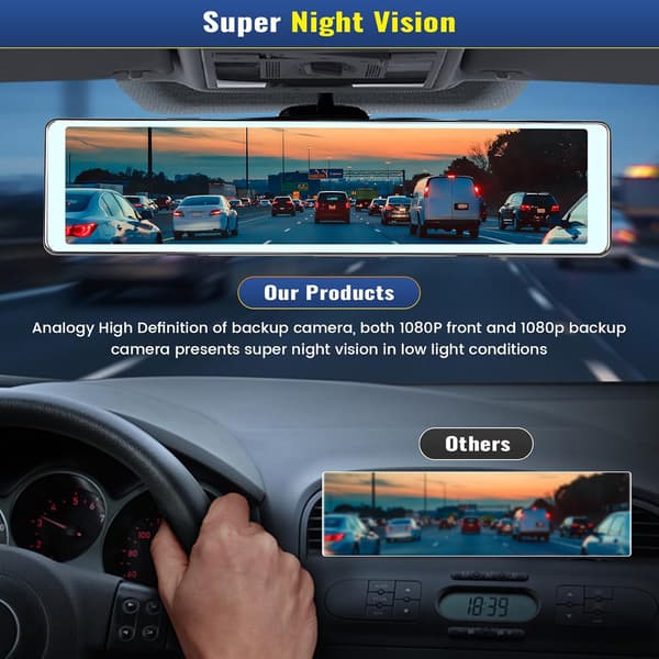 Spejl Dash Cam med trådløs CarPlay Android Auto, 1080P forreste og bageste dobbelte Dash-kameraer til biler, lastbiler, 11,26 '' IPS Touch Screen Dash Cam, nat