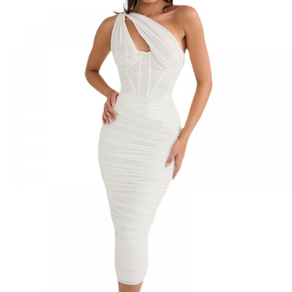 Dress Sexy Oblique Shoulder Hollow Wrap Hip Dress(White S)