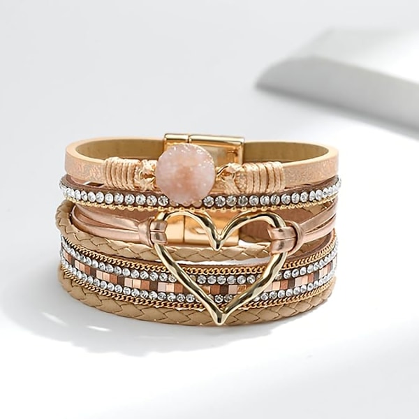 Leopard Armbånd for Kvinner, Boho Lær Wrap Multi-Layer Perle Krystall Armbånd Bangel Smykker Pink