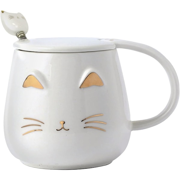 Katt Krus Søt Kaffekrus gave til katteelskere Keramisk Kopp, Nyhet Krus med Lokk og Rustfritt Stål Skje, Jule Bursdagsgaver P White