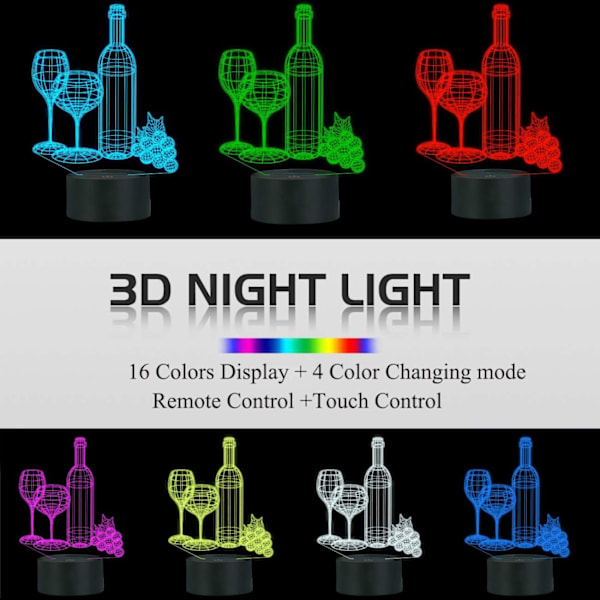 Vinflaske 3D Illusionslampe, Bardekorasjonsgaver Nattelys for Jul Ferie med Fjernkontroll 16 Farger Skiftende + 4 Skiftende Modus + Dimmefunksjon