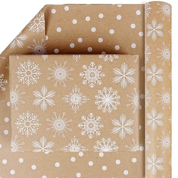 Vendbar Brun Kraft Julegavepapirrull 17\"x33Ft Snøfnugg Prikker brown