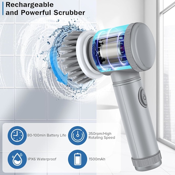 Elektrisk rengøringsbørste sæt, bærbar trådløs elektrisk spin scrubber, badeværelse scrubber, håndholdt scrubber med 6 børstehoveder, spin scrubber til badeværelse