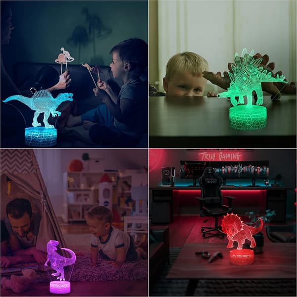 Dinosaur 3D Natlampe til Drenge 4 Stk Hologram Illusion Lampe
