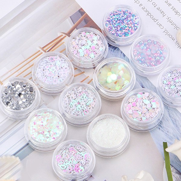 12 rutnät glitter paljetter set handgjorda DIY nagelkonst glitter paljetter dekaler set 3D nagelkonst dekorationer White