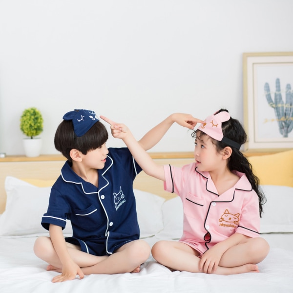 Satin Pyjamas Set, 2-delad knapppyjamas, M (Marinblå)