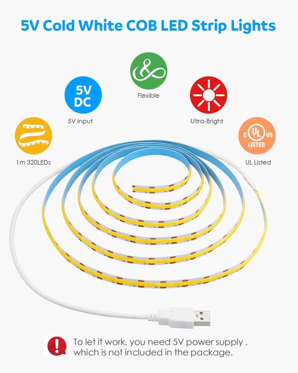 1,2 m fleksible USB LED-strips - 5V dagslys hvid COB LED-strip, belysning til underskabe, køkken, TV og hylder Cold White