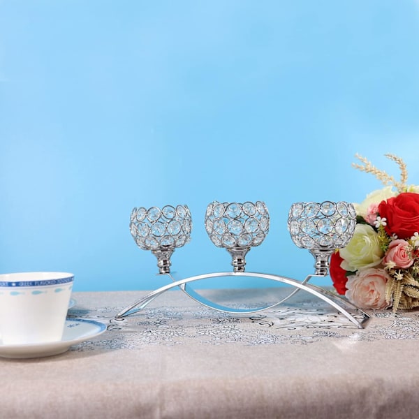 Krystall lysestaker, 3 armer bordkandelaber, skjenk skap kandelaber ornamenter bord midtpunkter for bryllup, hjemmedekor, Thanksgiving Silver Small