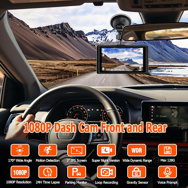 1080P Dash Cam fram och bak med 32 GB SD-kort, dubbel dashkamera för bilar, 3” IPS-skärm Dashcam med typ-C-port, WDR, G-sensor, loop-inspelning, 24 timmars T