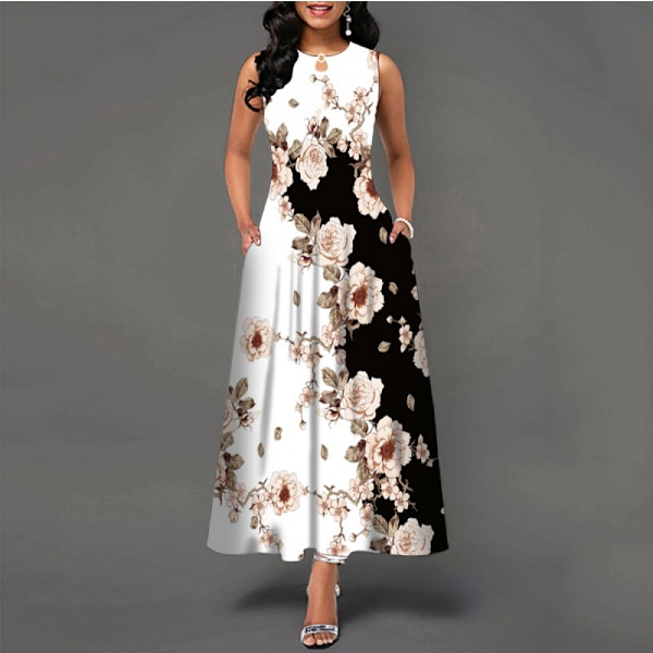 Rento vintage-henkinen boho-rantamekko taskuilla (B/W L)