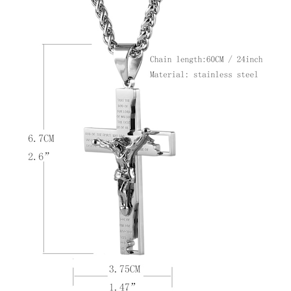 Herre Halskæde i Rustfrit Stål med Kors Krucifiks Bibel Bøn Vedhæng 22+2\" Kæde Silver