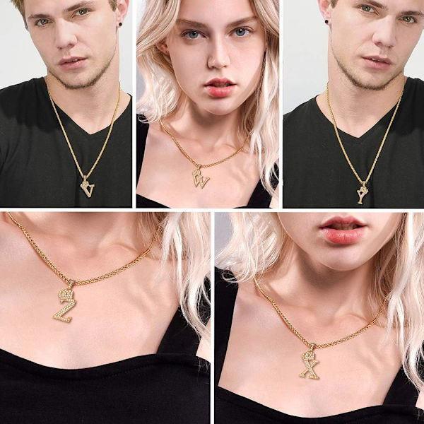 Krone Initial A-Z Halskæde, Iced Out Bogstav Vedhæng med 22-24 Tommer Kæde, Mænd Kvinder Bling Hip Hop Alfabet Navn Smykker Gave Store Initialer Halskæder X 18K Gold