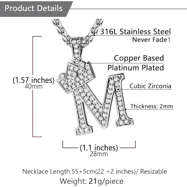 Krone Initial A-Z Halskæde, Iced Out Bogstav Vedhæng med 22-24 Tommer Kæde, Mænd Kvinder Bling Hip Hop Alfabet Navn Smykker Gave Store Initialer Halskæder M Silver