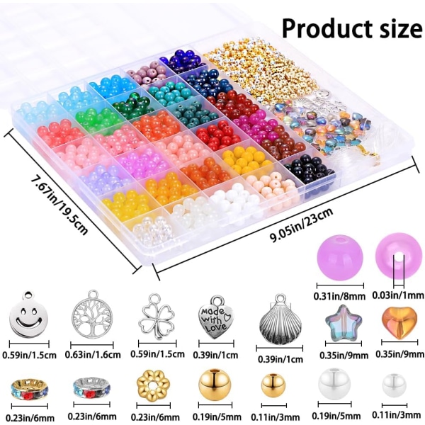 671 stk Glass Beads Armbånd Making Kits 30 Farger 8mm Krystall Perler for Smykke Making Runde Edelsten Stein Perler med Rondelle Spacer Perler DIY Craf